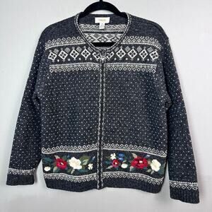 Talbots sweater Medium vintage Fair Isle Edelweiss cardigan‎ gray Bridseye wool